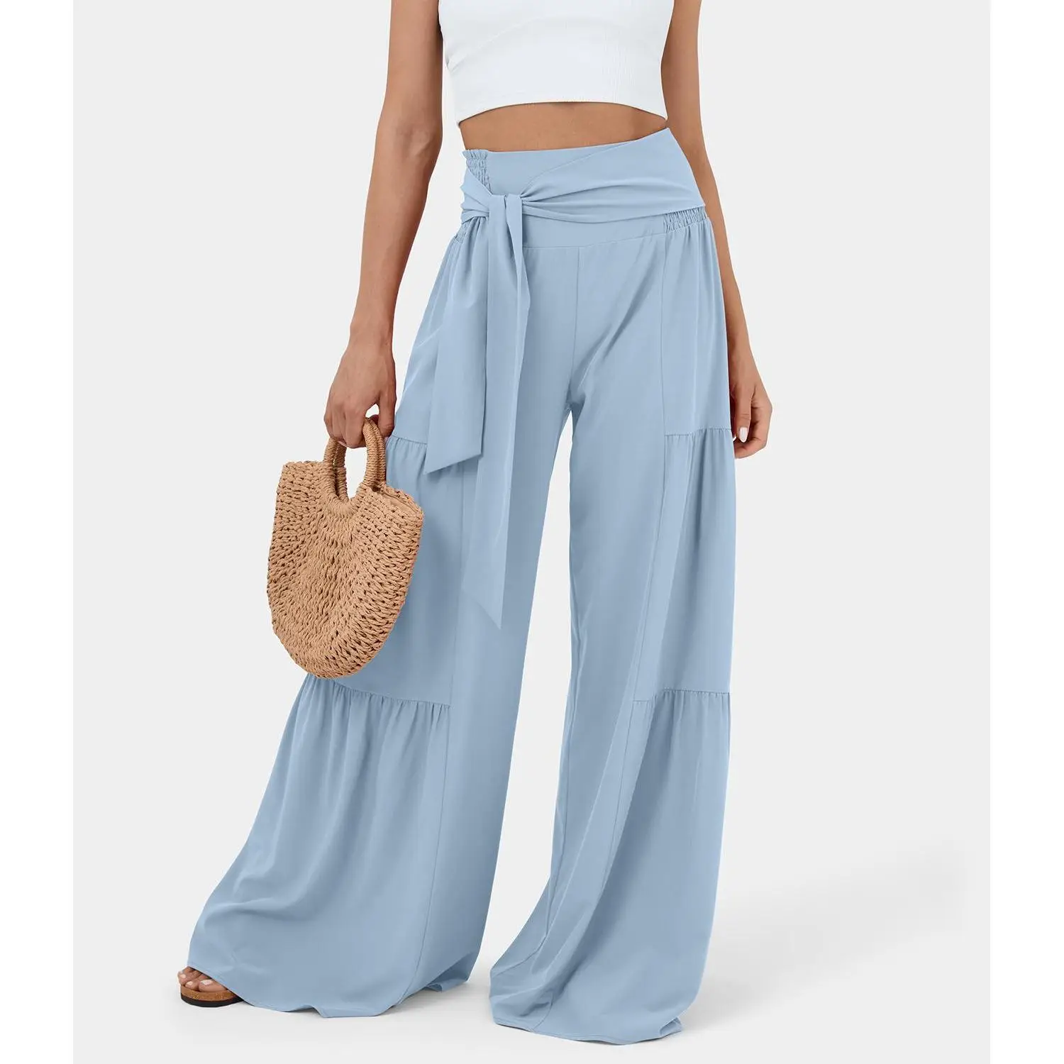 Halara Breezeful™ High Waisted Shirred Tie Front & Back Plicated Wide Leg Flowy Quick Dry Casual Pants