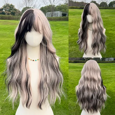 Smilco Women's 28-Inch Anti-Tangle Dyed Synthetic Wig with Bangs - Black & Pink Mixed Hair, Adjustable Rose Mesh Cap & Straps, Affordable Synthetic Material Wigs, Alt Accessories for Women, Adults Female Accessories for Cosplay