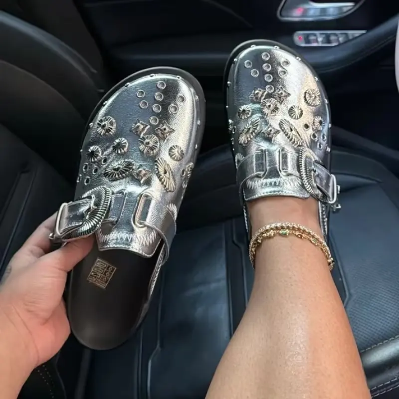 Women's Punk Platform Block Mules - Western PU Leather Round Toe Slip-On Ankle Shoes with Metal Rivets, Buckles, Cushioned for All-Day Party Comfort
