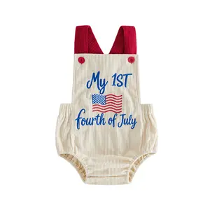 Infant Baby Boy Girl 4th of July Jumpsuit Letter Flag Embroidery Sleeveless Romper Cute Overalls 0-18 Months