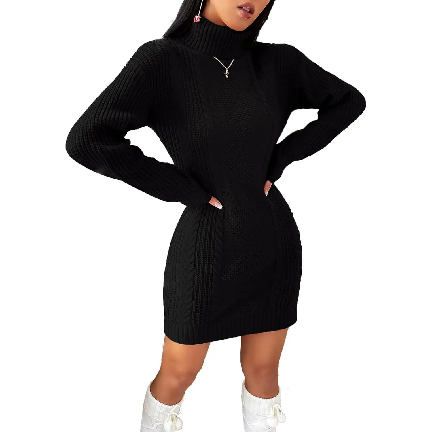 Women's Cable Knit Sweater Dress - Long Sleeve Turtleneck, Casual Dressy Mini Dress for Winter Holidays, Lady