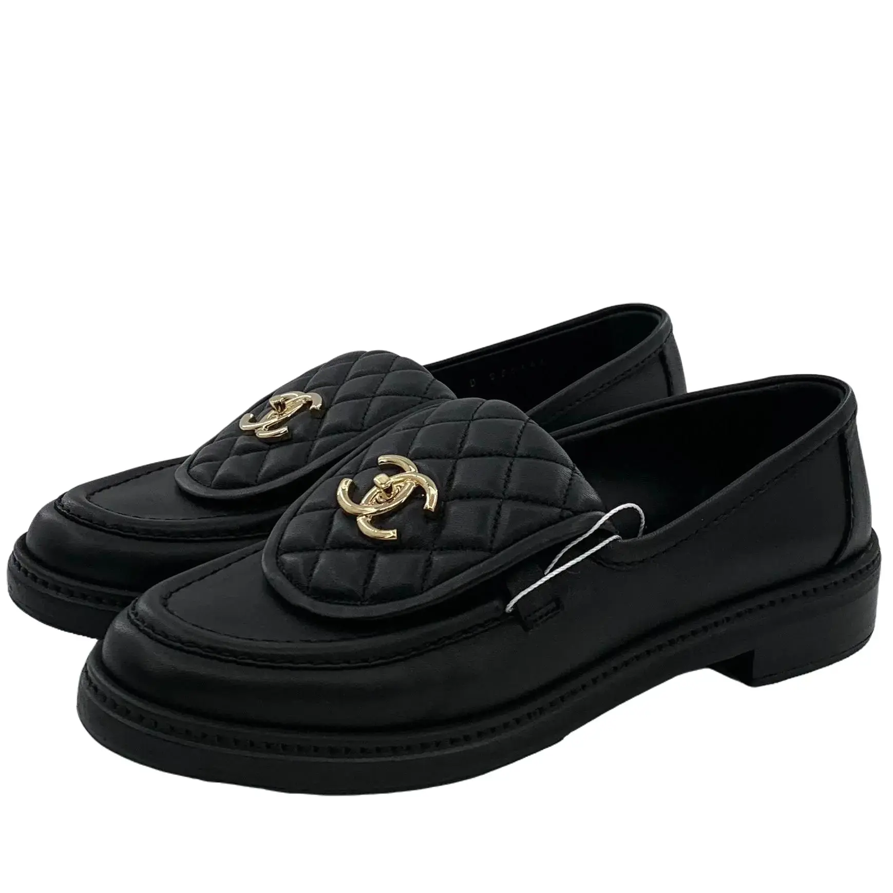 RDLT-Chanel Size 38.5 Loafers Black Round‑Toe Lambskin Quilted Interlocking CC Logo Flat Loafers-H35731