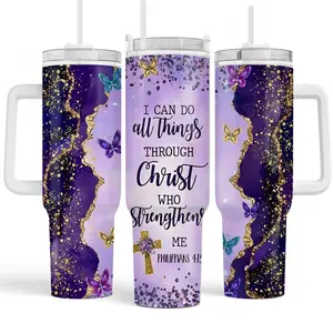 Inspirational Bible Verse Insulated Tumbler, 20oz & 40oz Purple Gold Agate Pattern Stainless Steel Travel Cup, "Philippians 4:13" Christian Faith Themed Drinkware for Believers
