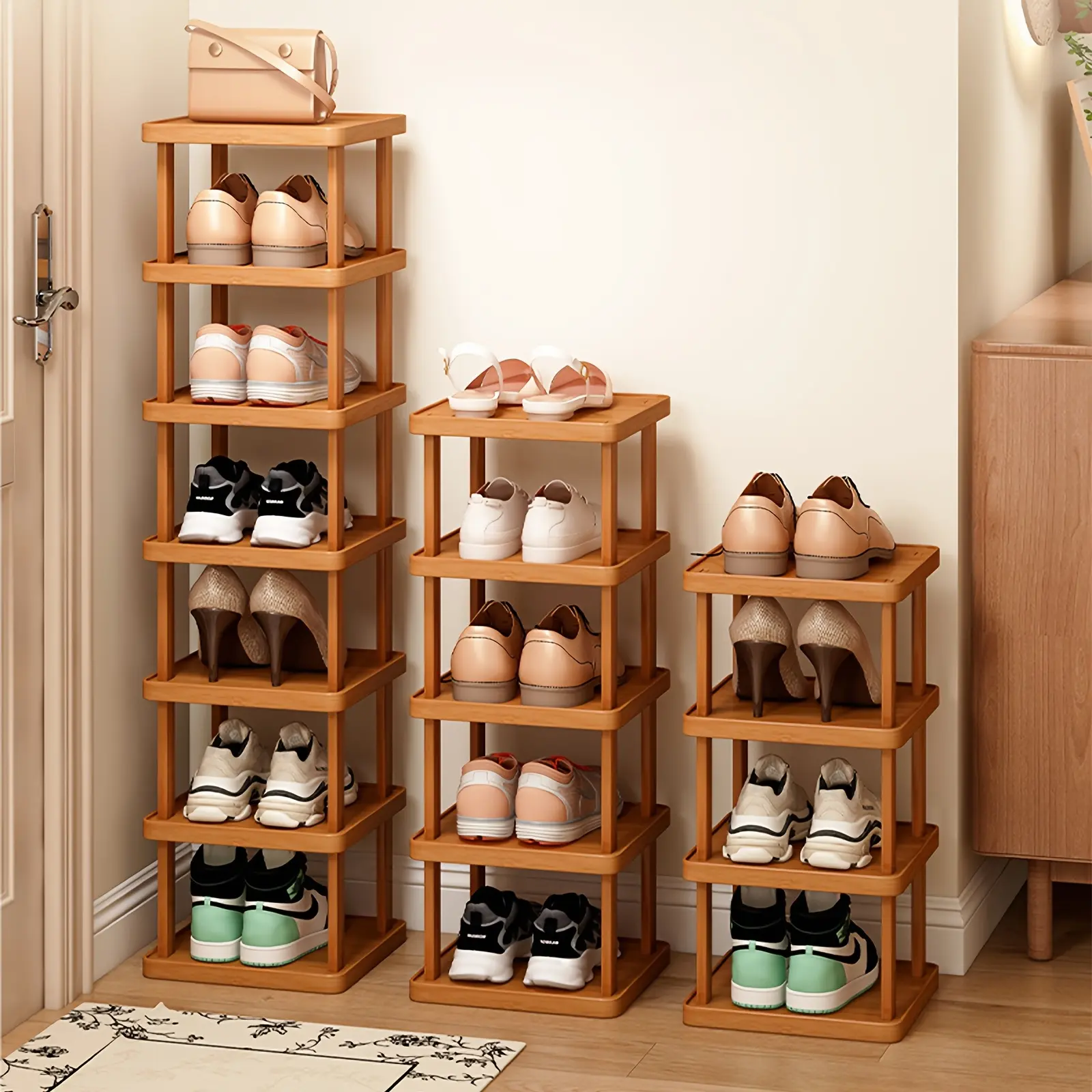 Bamboo Shoe Rack, Capable of Storing 6/9 Pairs of Shoes, Wood Grain Decoration, Easy to Assemble, Space Saving, Suitable for Entrances, Living Rooms, Bedrooms, And Dormitories. Brown. Multi Layer Independent Storage Rack