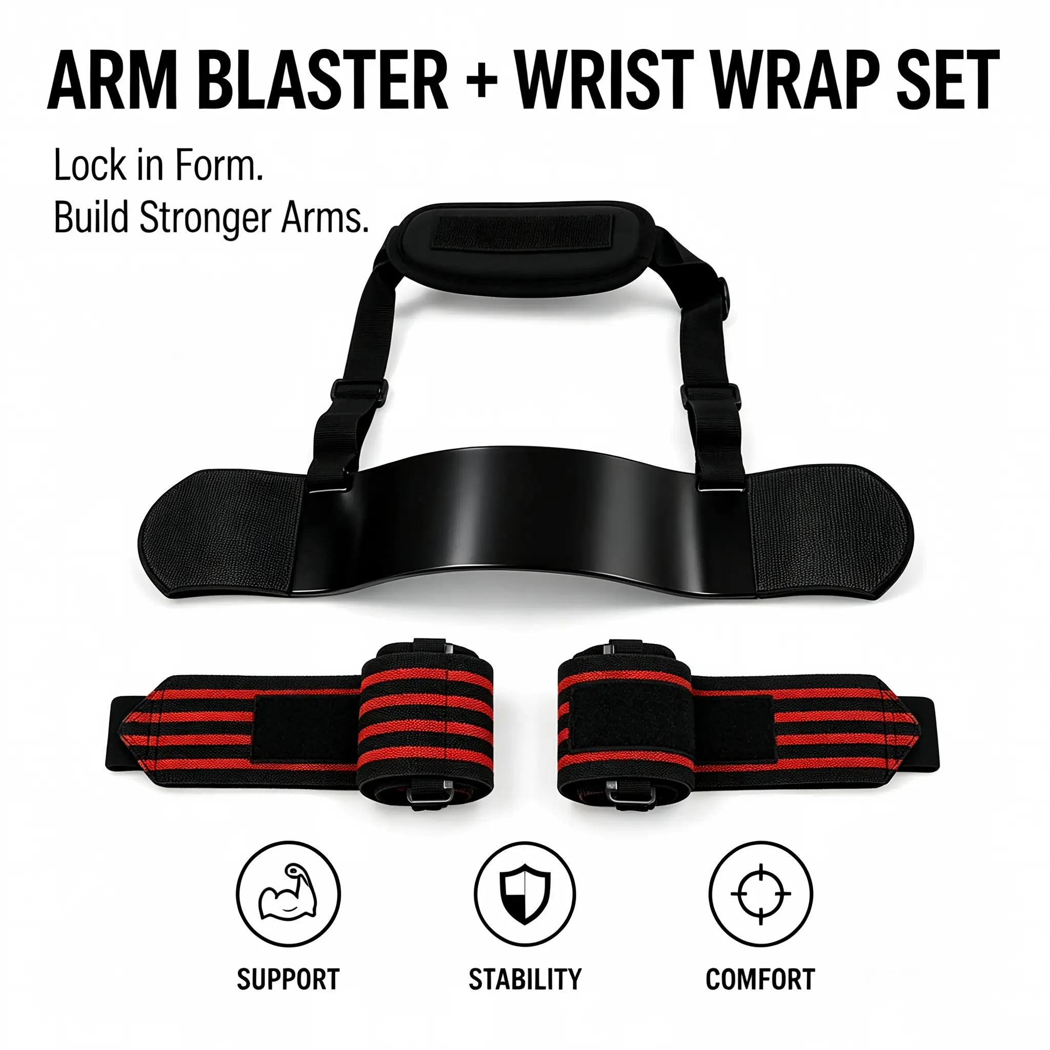 Arm Blaster + 2 Pack Wrist Wraps Combo | Stop Shoulder Cheating, Build Bulky Arms, Wrist Support for Heavy Dumbbell & Barbell Lifting, Gym Home Workout Gear