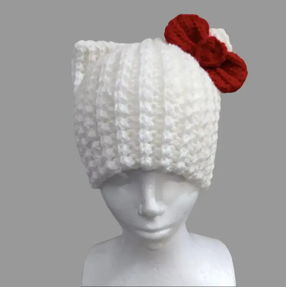 White Cat Ear Beanie with Bow - Artisan-Constructed Acrylic Yarn Hat, Ribbed Texture Animal Motif Accessory for Fashion Enthusiasts, Ideal for Black Closet Styling, Animals, Hand Crocheted