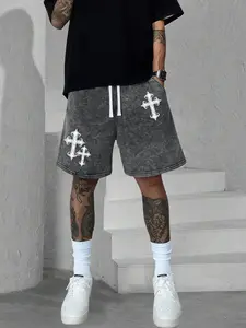 Summer men’s fashion retro shorts — lightweight, washed denim with a trendy cross print; street style for outdoor activities like the beach and seaside, suitable for casual wear and jogging; drawstring shorts with pockets. clothing bottom