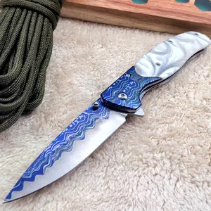 Perfect stainless steel folding knife, white resin handle and blue engraved blade, sharp blade, anti slip handle, EDC pocket knife, suitable for indoor and outdoor use, the best choice for holiday gifts d2 steel blade