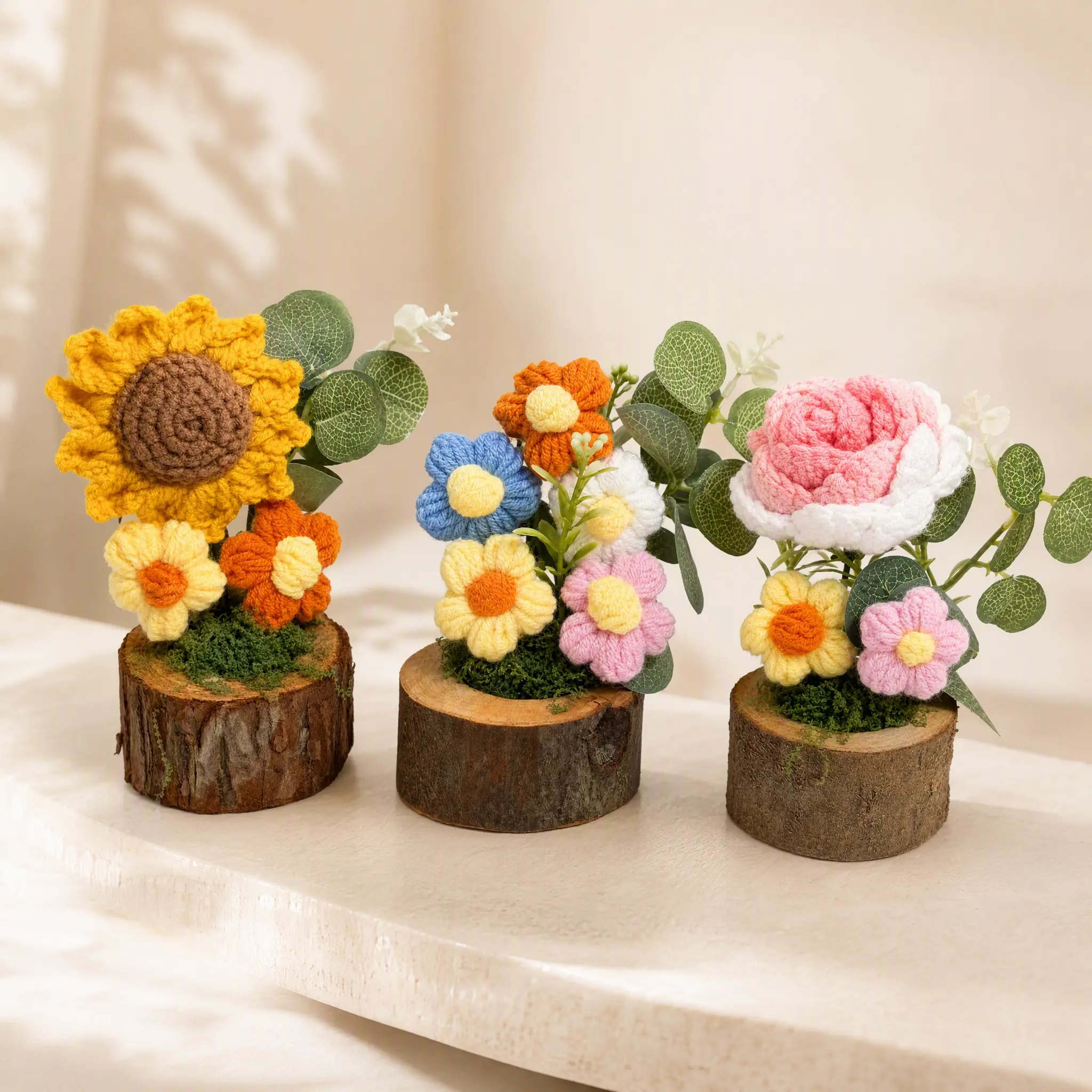 Handmade Crochet Flower Arrangement on Natural Wood Base, Knitted Floral Desk Decor, Cute Gift for Home and Office