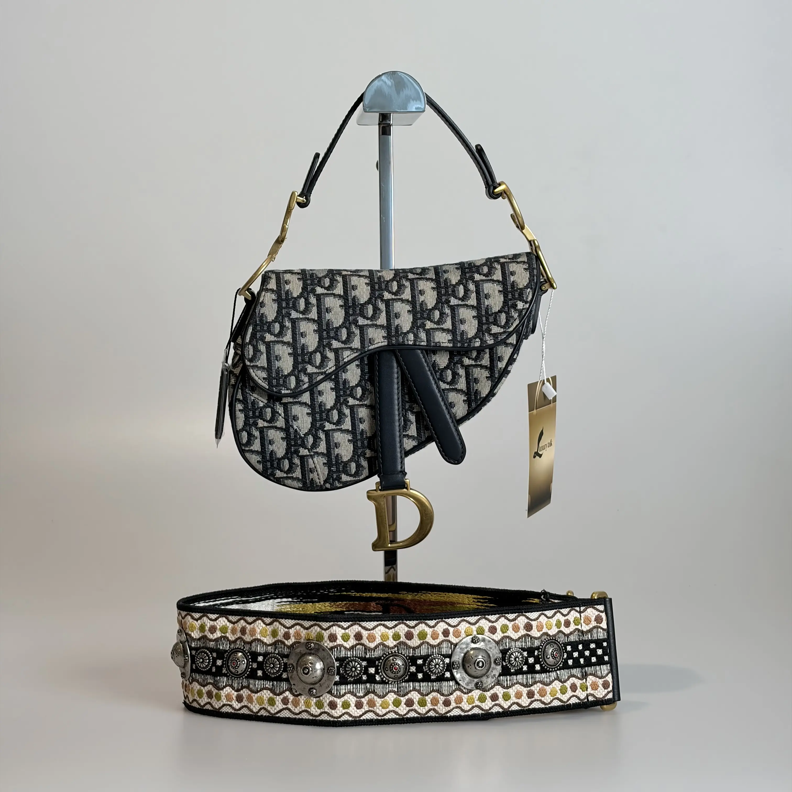 Pre-owned Dior Coated Canvas & Calfskin Shoulder Bag Saddle Bag Mini Dark Blue & Beige & Black Embroidered Oblique Gold tone Clasp 84300851 Sold As Is / Final Sale