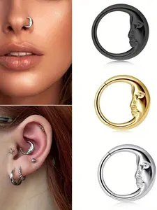Stainless Steel Moon Man Body Piercing Jewelry Set, 8-10mm Membrane Clicker Ring, Nose Lip Ear Cartilage Hoop, Septum Pierced Ring, Unisex Fashion Accessories