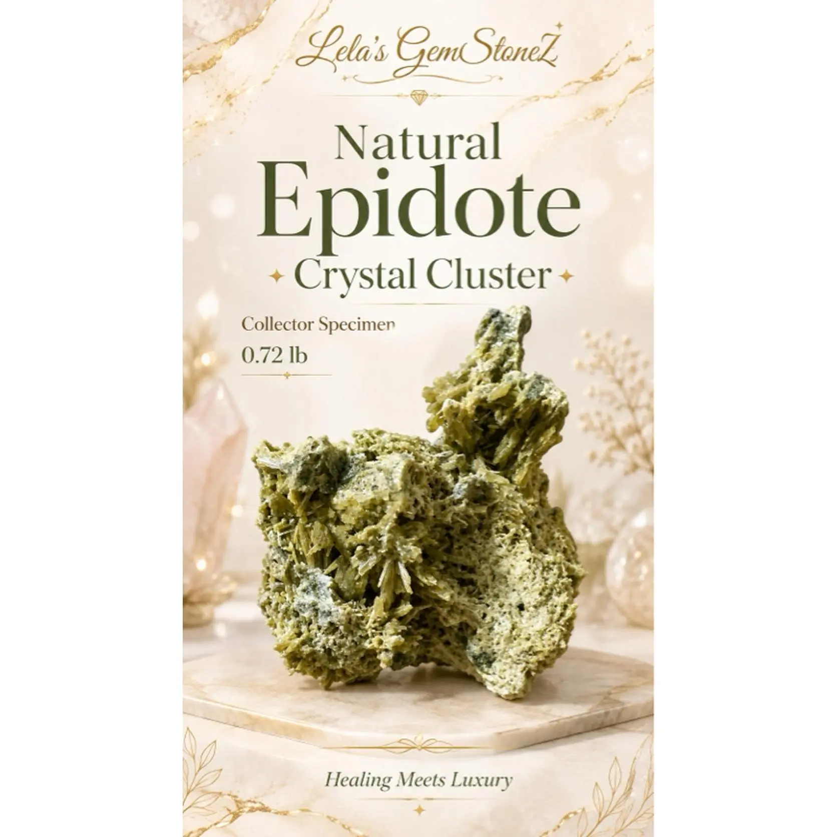 Lela's GemStoneZ Natural Epidote Crystal Cluster on Matrix 0.72 lb Raw Mineral Display Piece Olive to Pistachio Green Crystal Formations random crystals