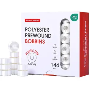Prewound Bobbins 144pcs, Size A (Class 15 / SA156), 75D Polyester Bobbin Thread, Plastic Sided, for Single Needle Embroidery & Sewing Machines, White