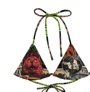 Vintage Graphic Patchwork Bikini Set Women Triangle Tie Side Swimsuit Y2K Aesthetic Retro Print Cat Art Sexy Beachwear Viral TikTok Fashion Trendy Summer Outfit USA Bestseller