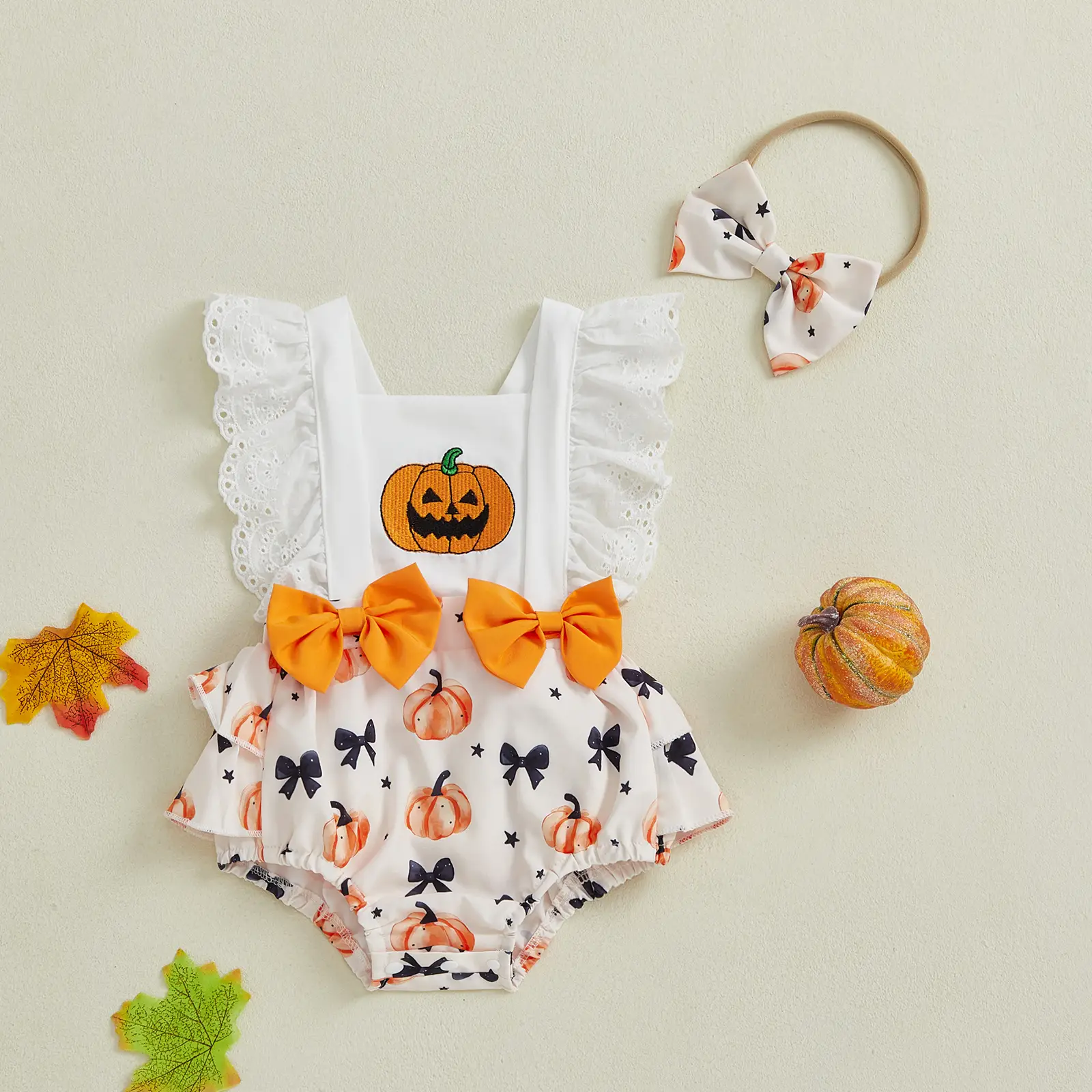 Infant Baby Girl Halloween Romper Bow Pumpkin Print Bodysuit Lace Trim Sleeveless Ruffle Jumpsuit with Headband