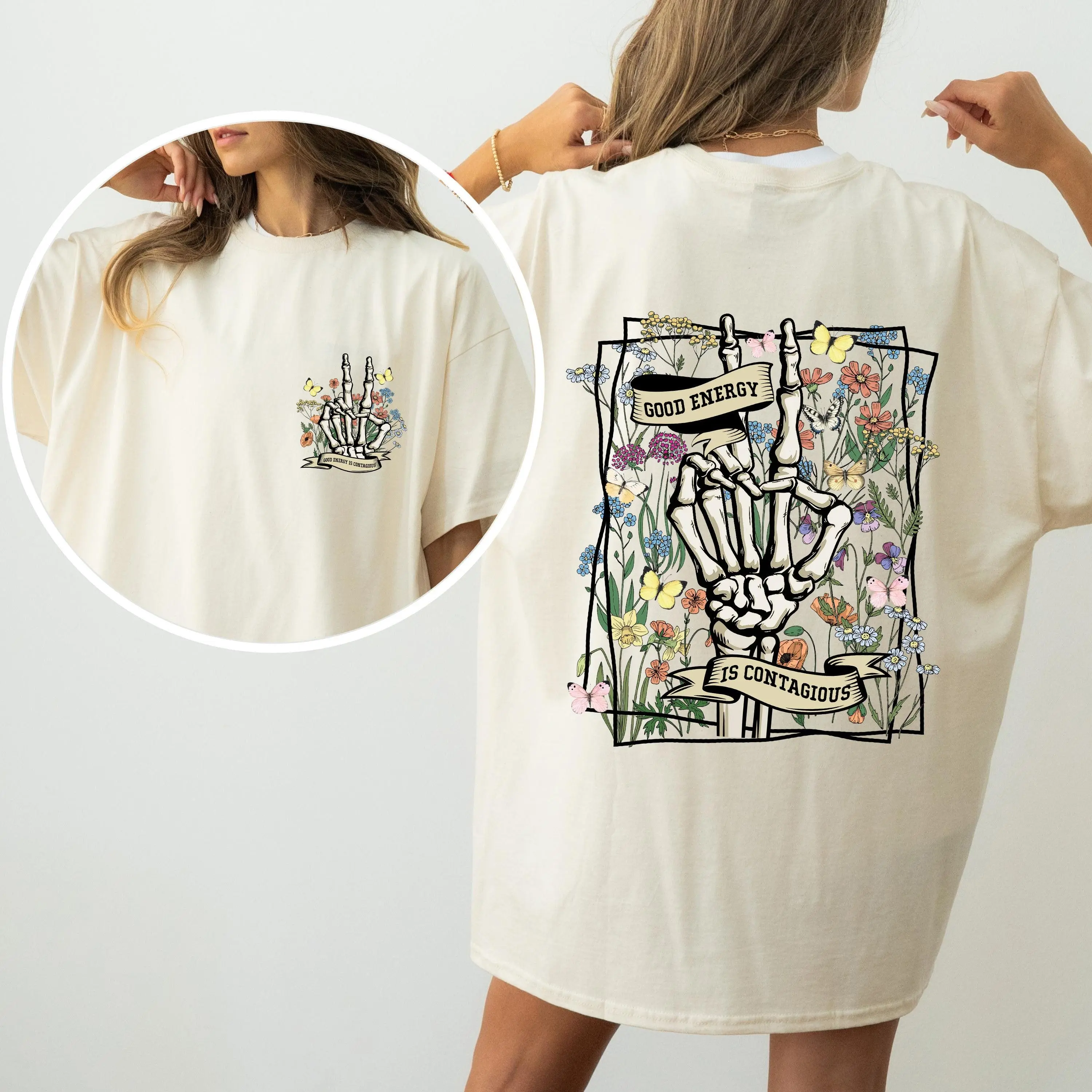 Good Energy Is Contagious, Skeleton, Butterfly Comfort Colors Tshirt, Women's Crew Neck, Crewneck
