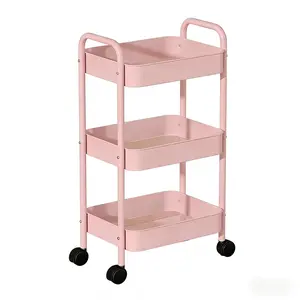White & Pink 3-Tier Metal Rolling Cart, Heavy Duty Multifunctional Storage Rack with Lockable Silent Wheels, Mobile Organizer for Home Kitchen Office Baby Room shoe