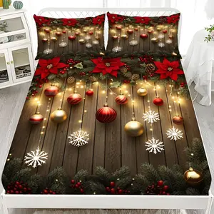 Bed Sheet Set - 3-Piece 2D Flat Christmas Ball Pattern Mattress Protector Set (1*fitted sheet + 2*pillowcases, no filling), stylish, soft and comfortable bed linen, skin-friendly and breathable bedding, suitable for bedrooms and guest rooms.