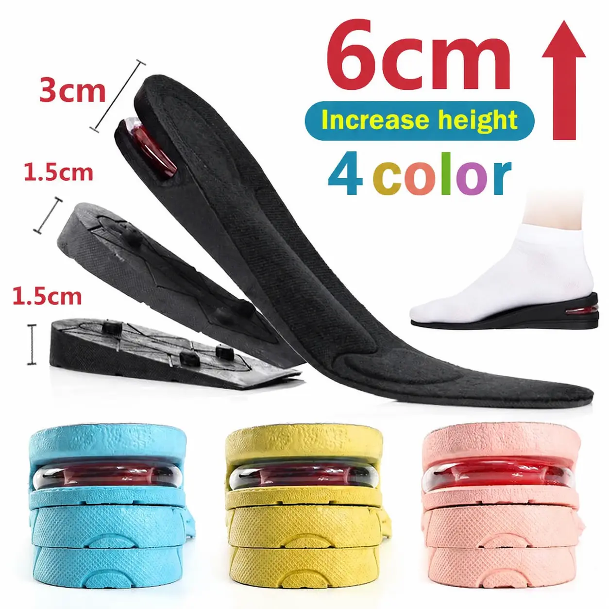 6CM 3-Layer Height Increase Insole  Air Cushion Heel Insert Lift Shoes Insole for Men and Women Invisible Elevator Adjustable Insoles