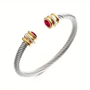 [1pc Luxurious Twisted Cuff] 1pc Luxurious Twisted Cuff Bracelet - Stainless Steel, Vintage Style, Multicolored Mosaic Synthetic Gems, No Plating, Hypoallergenic, Durable, Mens Jewelry for Birthstone Lovers