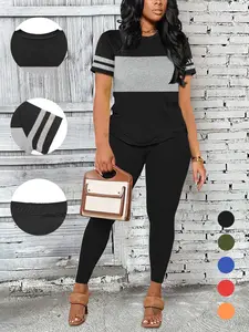 Women’s two-piece casual set: short-sleeve color-block T-shirt + high-waisted fitted leggings; summer streetwear athletic set for home and outdoor wear, designed for two ways to wear.