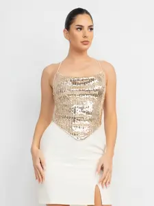 Women's Spaghetti Straps Sequin Back Cross Crop Top Lined