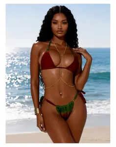 Women's Bikini Set Two Piece Swimsuit - Solid Red/Green Tie Side Halter Low Back Thong Bikini - Push Up Triangle Bathing Suit for Beach, Pool, Vacation