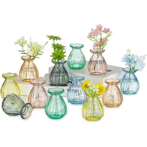 Small Bud Vases for centerpieces: 12 count Glass Colored Vase  - Mini Ribbed Vases for Wedding  Bridal Shower Events Decorations
