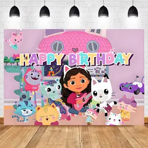 Cartoon Anime Gabby Dollhouse Happy Birthday Banner Backdrop Party Photography Background Poster Wall Art Outdoor Home Decor Party Supplies