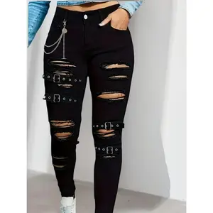 Women'S High-Waisted Black Distressed Skinny  with Button Closure, Stretch Waistband & Street  Ripped Details - Versatile All-Season Casual Denim for a Edgy Look, Allseason  |   Edgy   |   Distressed Deni jeans style