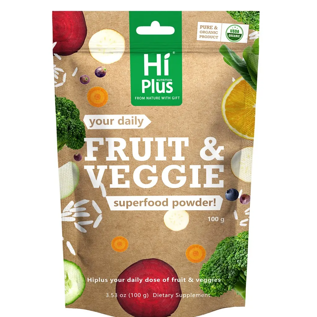HiPlus Organic Fruits & Vegetables Powder Superfood Blend Daily Energy + Essential Vitamins | USDA Certified, Vegan Powder for Smoothies & Baking | Hidden vegetable recipes | 3.52oz pantry staple| Non-GMO, Gluten-Free, Easy Mixing
