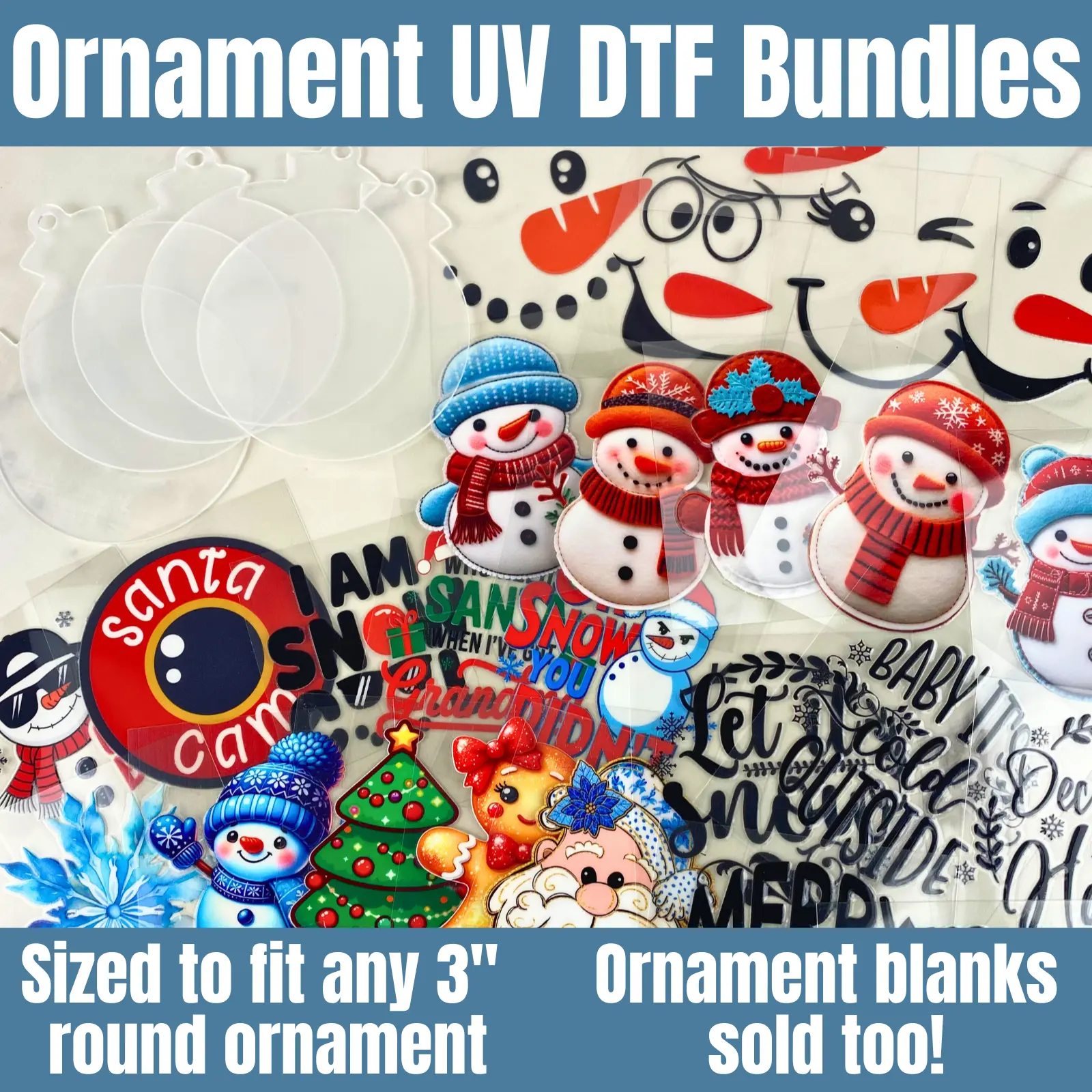 UV DTF Ornament Bundles for Christmas Decor - 3" Decals and Ornament Blanks Customizable DIY Ornaments with Festive Designs