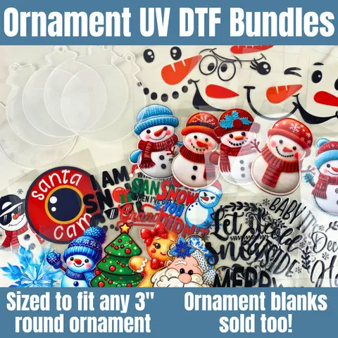 UV DTF Ornament Bundles for Christmas Decor - 3" Decals and Ornament Blanks Customizable DIY Ornaments with Festive Designs