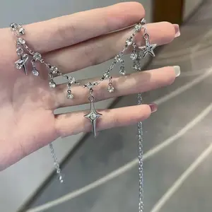 Trendy Kpop Star Pendant Necklace for Women Punk Simple Zircon Tassel Clavicle Chain Choker Elegant Party Gift Jewelry Girl Gothic Style Crystal Necklace