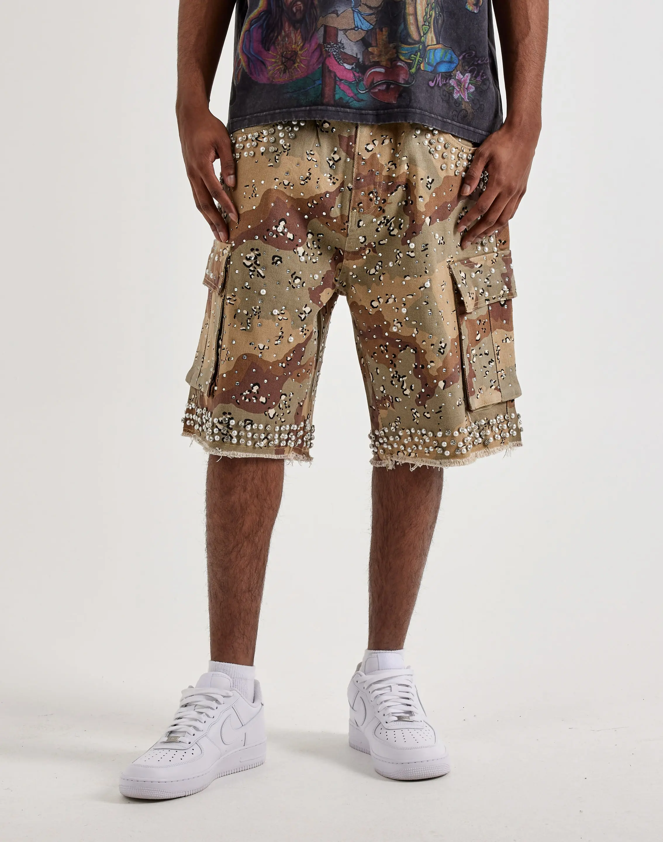 Mens WAIMEA Rhinestone Pearl Cargo Shorts
