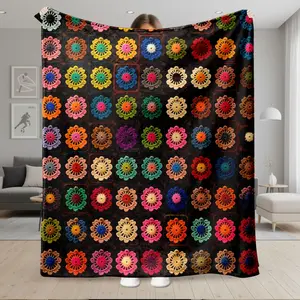 1pc Colorful Crochet Granny Square Flower Pattern Super Soft Cozy Warm Flannel Blanket for Sofa, Bed, Living Room, Travel, Camping, Decorative Throw Gift for Adults Colorful Fuzzy Blanket