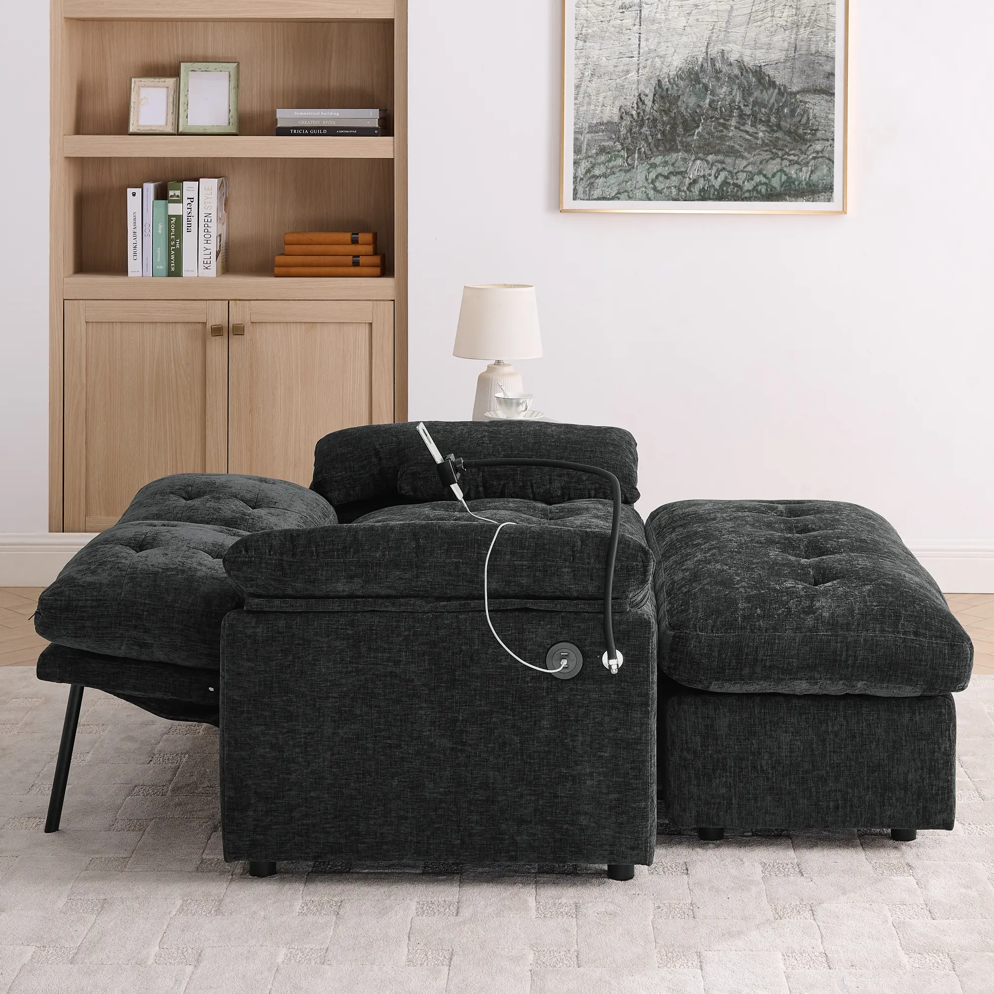 SAVEYOUR 2-Seat Manual Double Recliner Leisure Sofa Chair - High-Elastic With Cushion, Soft Armrests, USB Port, Phone Stand, Storage Ottoman, Simple Setup, Black Indoor Furniture for Watch Parties