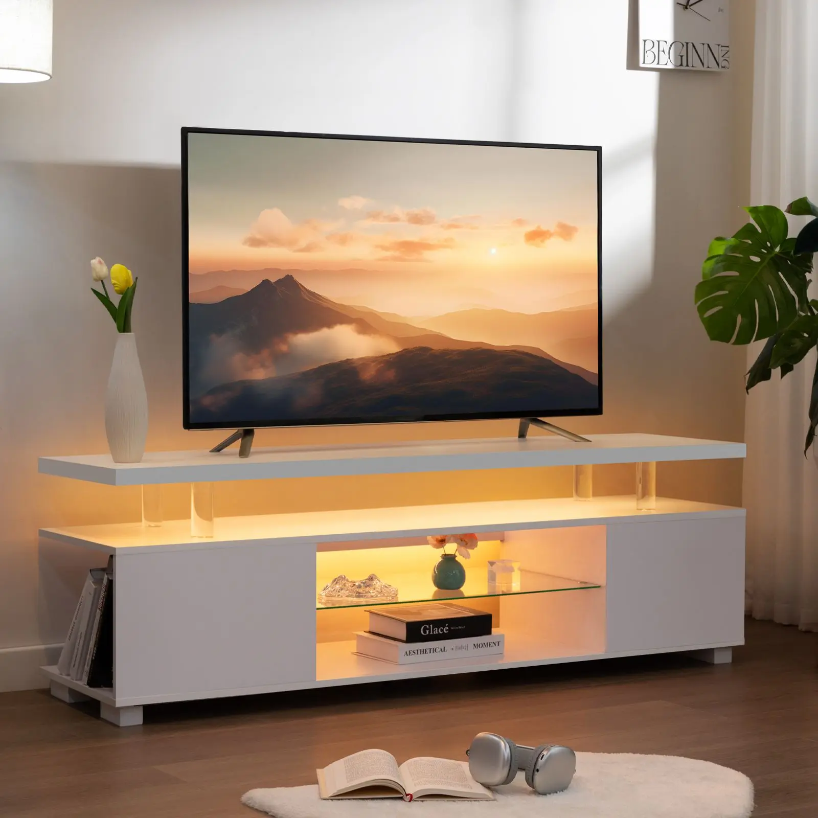 i-aplus LED TV Stand White Entertainment Center, Gaming Center for 60 inch TV, TV Console with Storage, TV Stands for Gaming Living Room, Bedroom and Playroom