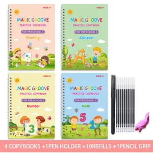4PCS Magic Grooved Practice Copybook  Large Reusable Handwriting Practice Scribe Book Set for Kids Ages 3-5 Preschool Calligraphy Learning Number Letter Tracing Books
