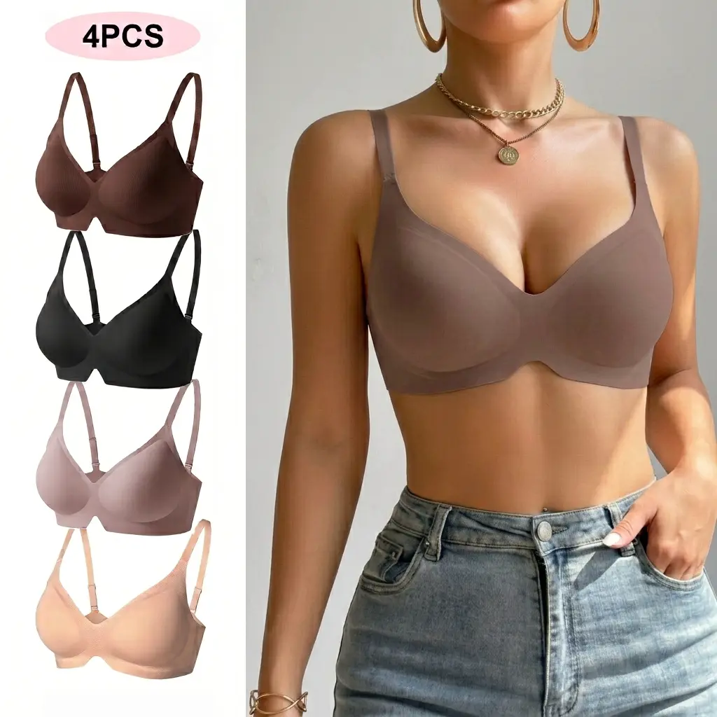 Women's 4PCS Jelly Wireless Push-Up Bralettes, Seamless No Underwire, Buttery-Soft Breathable Non-Chafe, High-Stretch Lightweight Everyday Summer Lingerie for Daily Lounge Wear outdoor use