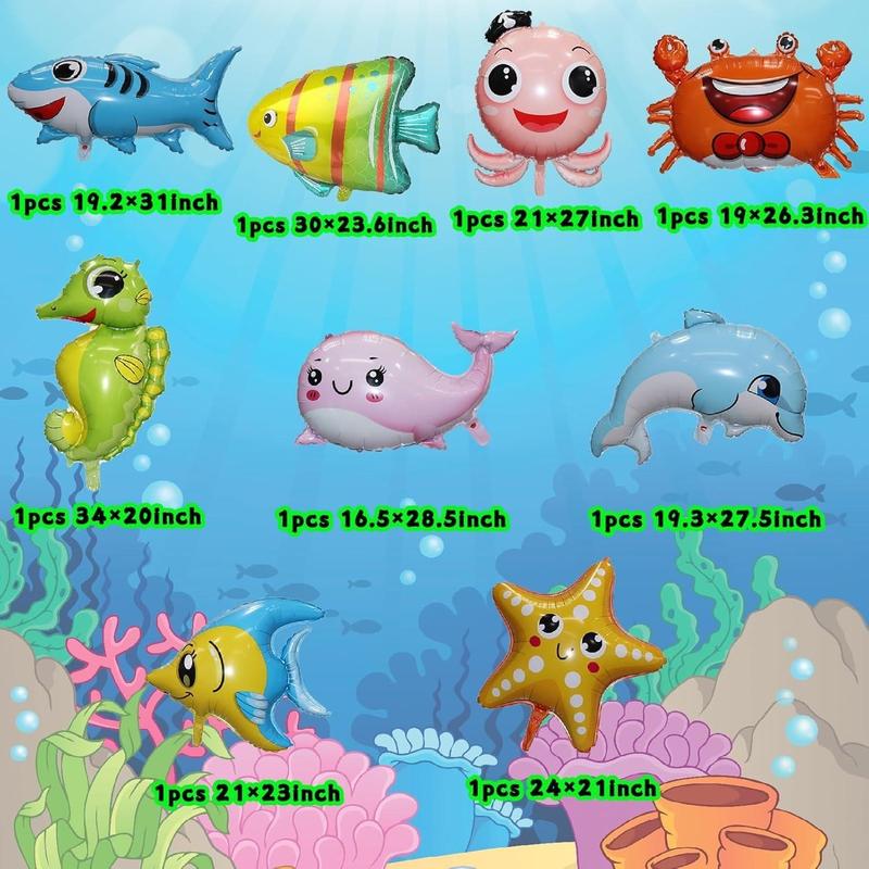 Sea Animal Decoration Kit: Sea Balloons, Octopus Shark Fish Dolphin Hippocampus Crab Scallops Foil Balloons for Baby Shower & Party, Animals Theme Party Decoration