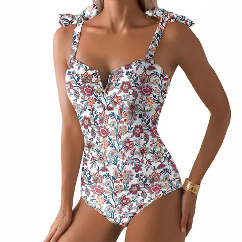 Aleumdr Women's 1-Piece Bathing Suit - Swim-Friendly, Water-Ready, Boho, O-Ring Front, V-Neck, Adjustable Tie Straps, Tummy Control, Ruched, High Waist, Cheeky Cut, Floral Print, Full Coverage Shaping Swimwear for SwimWeek, Vacation, Swim-Friendly Women's