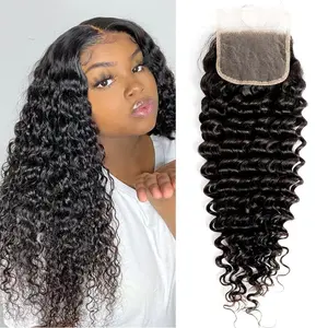 Transparent  Lace Closure Deep Wave Invisible Ultra-thin 4x4 Closure Brazilian  Virgin Human Hair  Black (4x4 Lace Closure, 16 Inch)