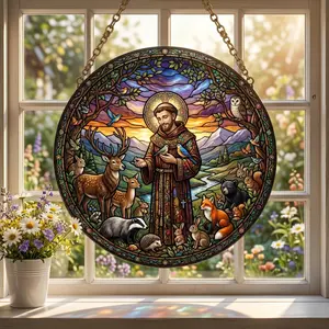 St Francis Of Assisi Glass Suncatcher, Peaceful Animal Scene Religious Window Hanging, Nature Gift for Spiritual and Animal Lovers