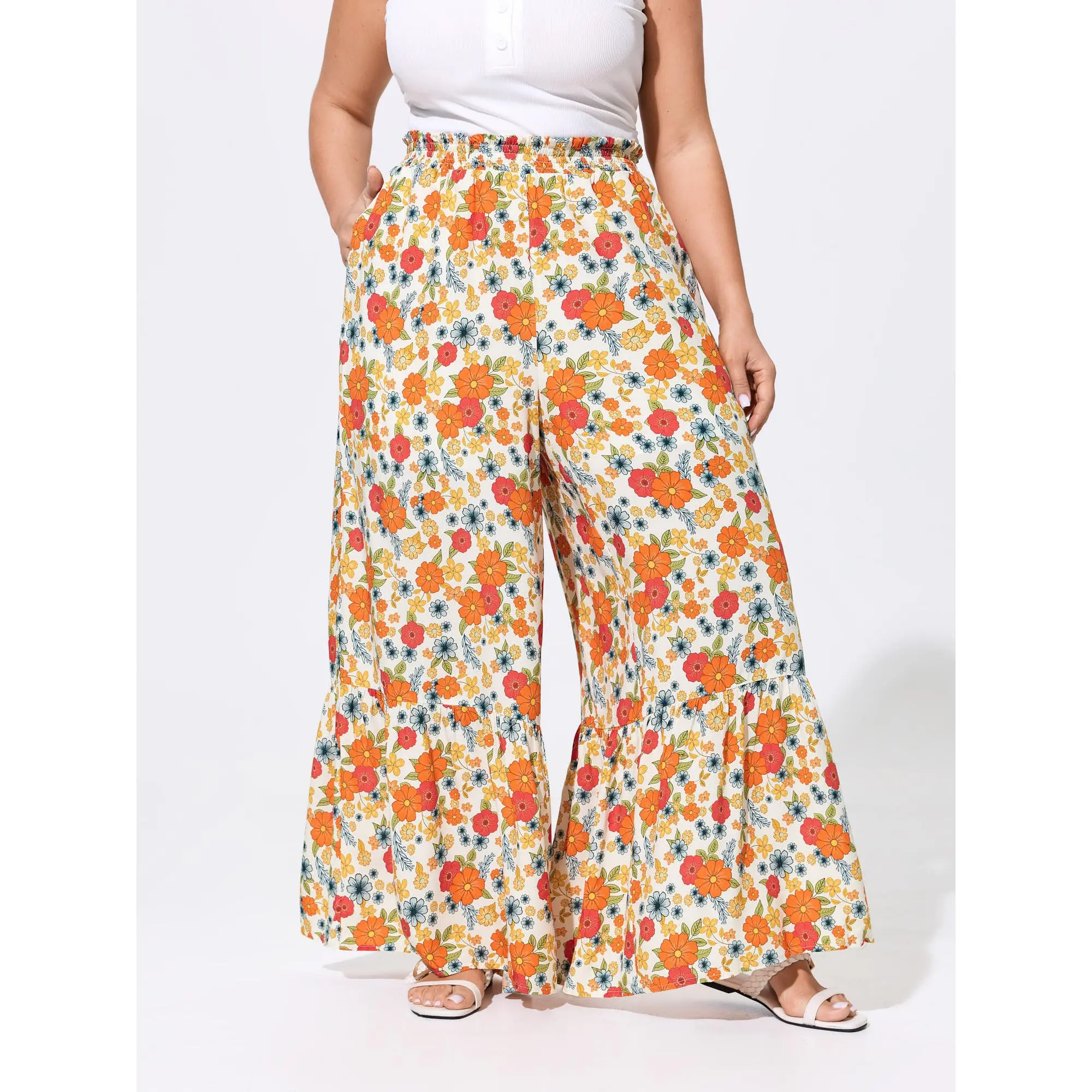 BLOOMCHIC Plus Size Supersoft Floral Print Ruffled Hem Pants [M-6X]Summer wins,Deals for your days,Summerfinds