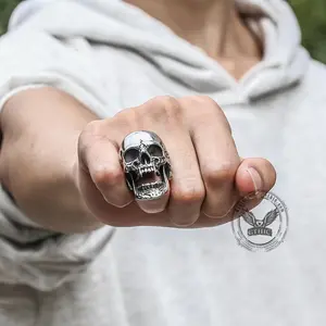 GTHIC Punk Roaring Stainless Steel Skull Ring Biker Ring for Men Gothic Accessories for Daily Wear