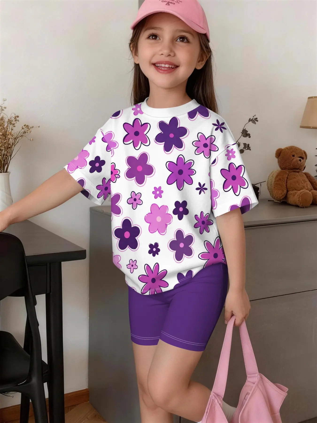 Girls Floral Print Set, Loose Short Sleeve Top + Bike Pants, Summer Fashion Two-Piece, Casual Slim-Fit Suit for Teens, Summer Clothes Set