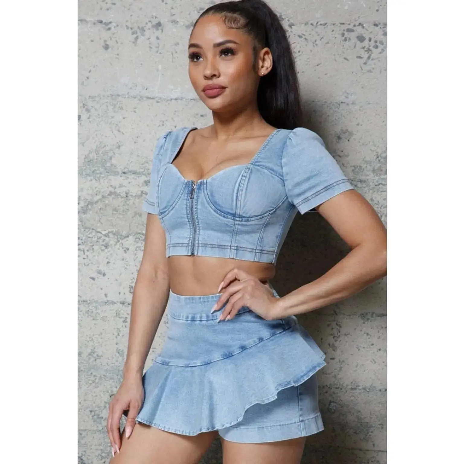 Vintage Puff Sleeve Denim Bustier Top