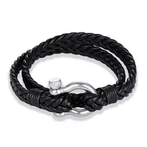 Stylish Stainless Steel Anchor Shackle Faux Leather Double Row Wrap Braided Bracelet 14 inches