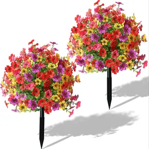 Set of 1/2 Artificial Boxwood Topiary Ball with Artificial Flowers for with Ground Spikes, UV Resistant Faux Greenery for Garden Front Porch Pathway Patio Yard Fake Flowers Outdoor